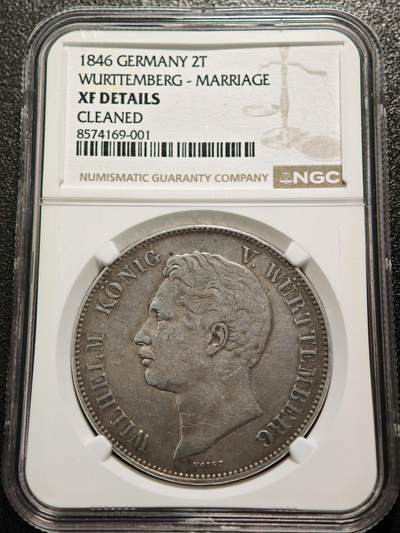 【德藏】世界币章拍卖第170期（拍品征集中~欢迎藏友联系） 1846年 德国符腾堡王子卡尔婚礼2泰勒大银币 NGC XF 少见品种