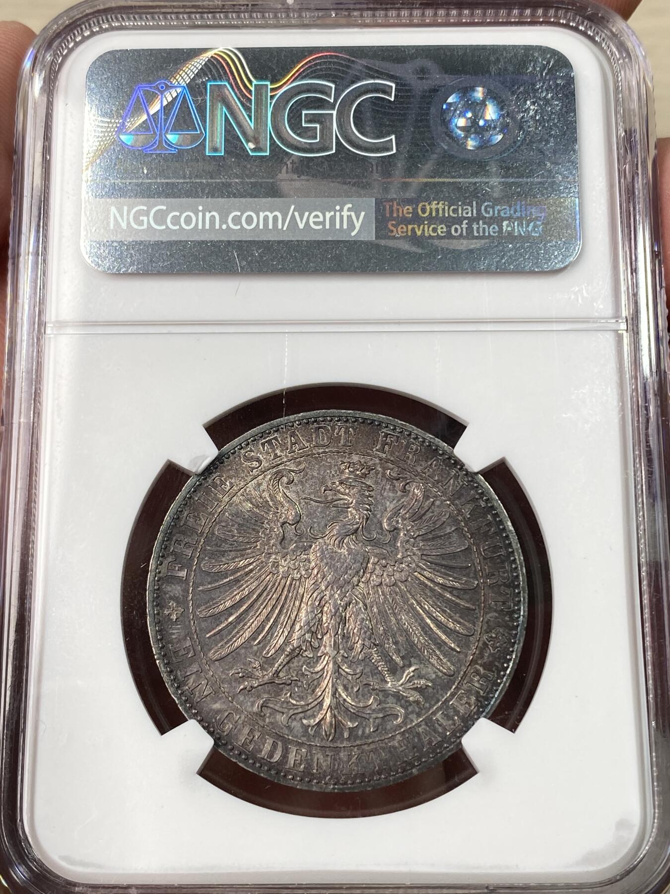 万国钱币拍卖第064期 NGC MS62 1863年德国法兰克福王子会议泰勒 法兰克福名品之一 原味红玫瑰色调五彩状态舒适