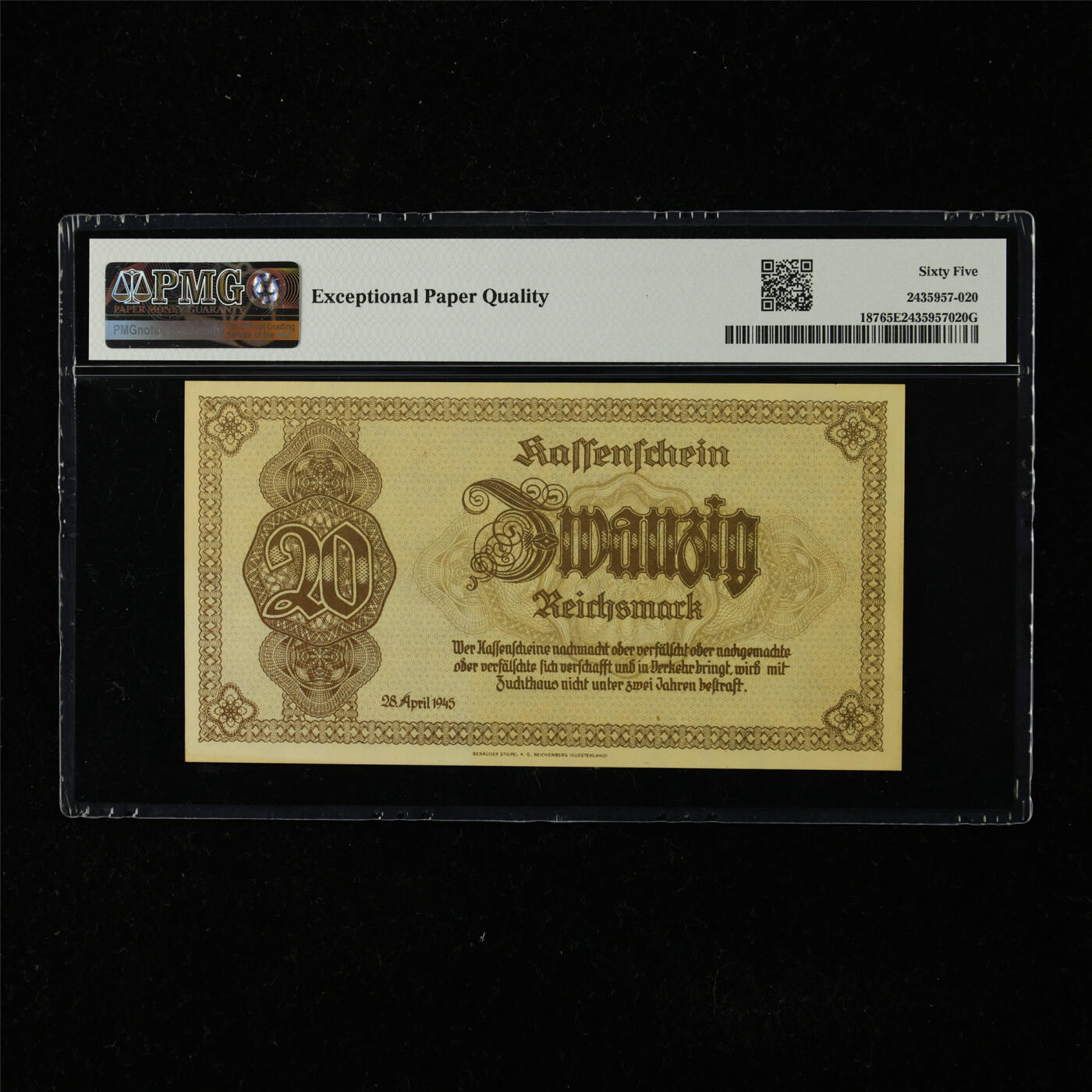 【亘邦集藏】第225期拍卖 1945年 德国20马克 PMG 65EPQ AY 025747