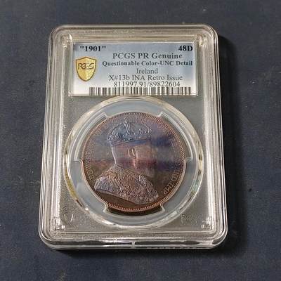 【全场包邮】纯粹捡漏拍517场 - 【罕见·紫罗兰包浆】爱尔兰1901年爱德华七世48便士精制COPPER铜币（X13b）-量425-PCGS UNC DETAIL