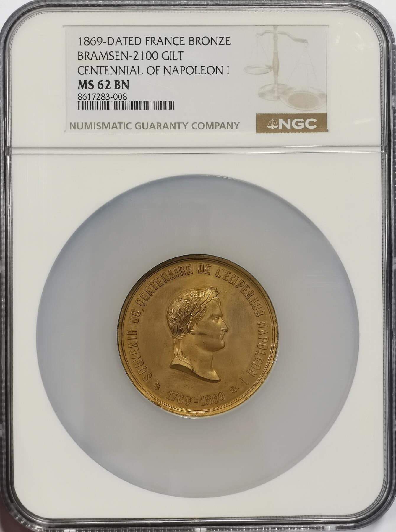 博洋堂世界钱币拍卖第167期（全场包邮） NGC MS62 法国1869年拿破仑一世百年诞辰纪念镀金大铜章，50mm