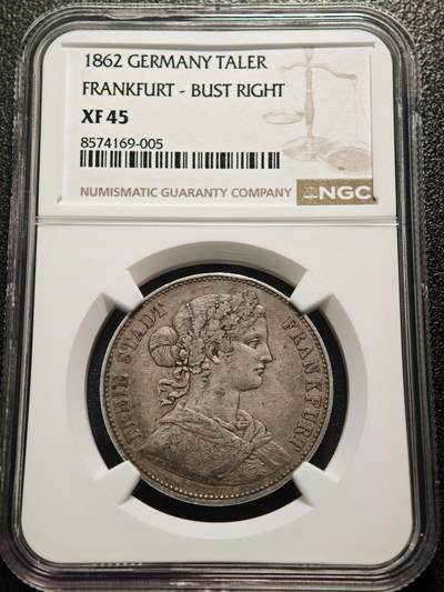 【德藏】世界币章拍卖第170期（拍品征集中~欢迎藏友联系） 1862年 德国法兰克福少女泰勒银币 NGC XF45 原味包浆