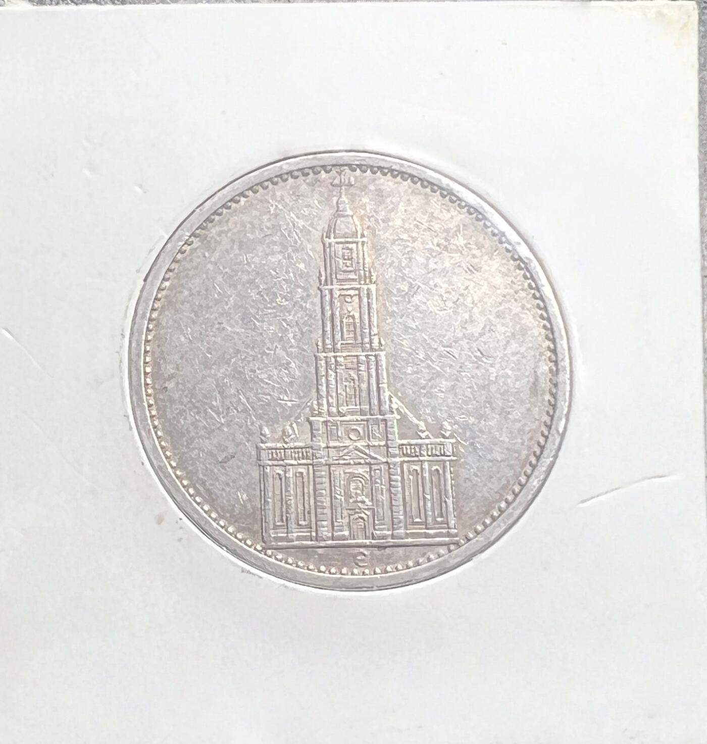 1935 年纳粹德国 5 马克银币 波茨坦加里森教堂 E 厂 第三帝国 90% 银