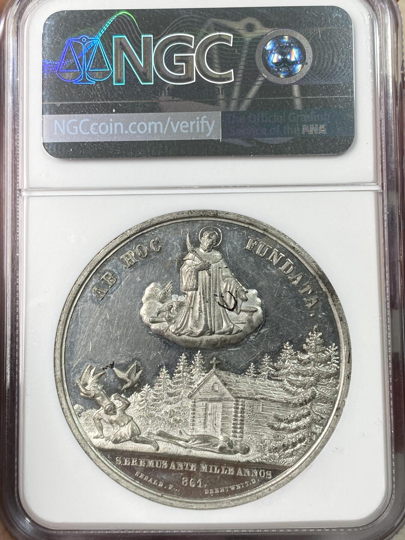 万国钱币拍卖第064期 NGC MS61 1861年瑞士亨利四世修道院建成1000周年纪念锡章 镜面精铸修道院景观丝丝入扣