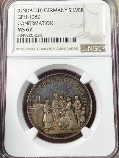 万国钱币拍卖第064期 - NGC MS62 19世纪德国坚信礼洗礼纪念银章 镜面精铸人物刻画细腻 圣灵当空照耀 原味红玫瑰彩环绕