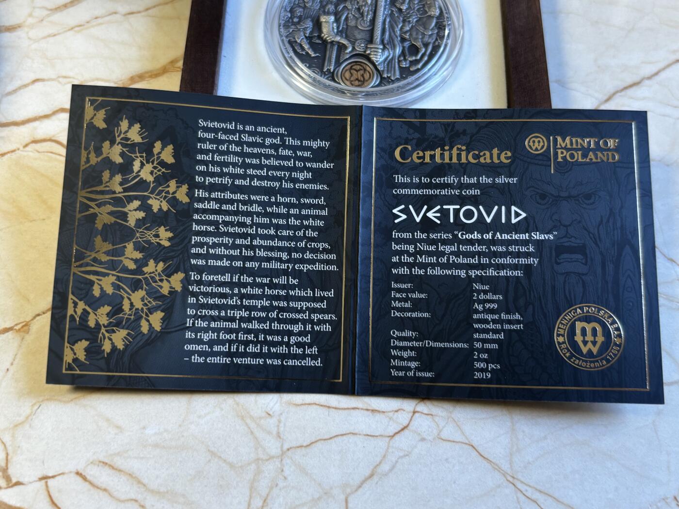 第196期拍卖 纽埃2019斯拉夫神系列2战神斯韦托维德2盎司银币，999银，发行500枚