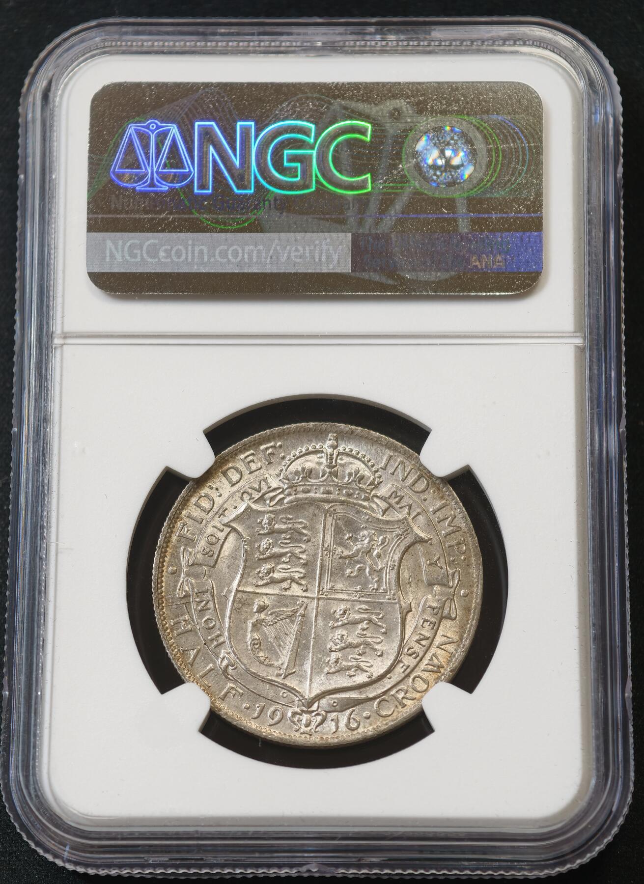 甄臻铺-世界币章拍卖（第58期），送拍享返佣金等优惠多多 NGC-MS63 1916年英国乔治五世半克朗，此品种多弱打，这枚发丝分明