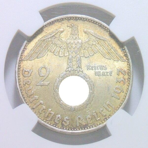 银】NGC MS64 德国第三帝国1937年A版2马克银币 黄金五彩 开卷原光