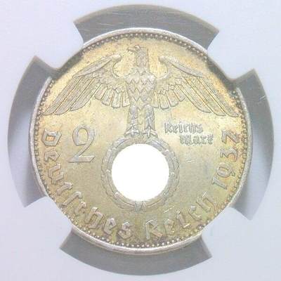银】NGC MS64 德国第三帝国1937年A版2马克银币 黄金五彩 开卷原光 - 银】NGC MS64 德国第三帝国1937年A版2马克银币 黄金五彩 开卷原光
