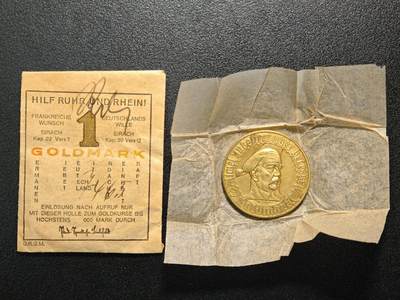 【德藏】世界币章拍卖第170期（拍品征集中~欢迎藏友联系） 1923年 德国德紧比勒菲尔德市1金马克镀金铜币 1金马克等值于1万亿马克 少见 原封纸袋 直径约：31.7mm；重约：13.8g