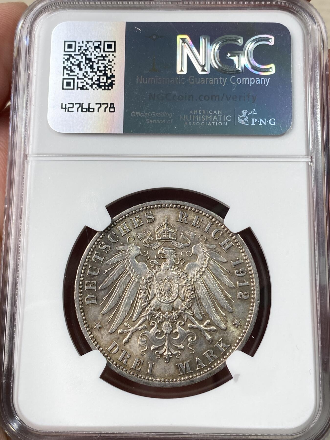 万国钱币拍卖第064期 NGC MS62 1912德国普鲁士威廉二世长翅流通3马克 原味淡彩转光好品