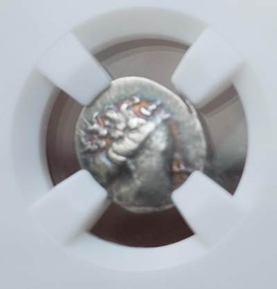 瓶子🏺第235期拍卖会 -  背面完美  古希腊埃维亚岛西斯提亚城4奥波银币（公元前3–前2世纪，ZDGS XF）   古希腊埃维亚岛（Euboea）西斯提亚城（Histiaea）发行的4奥波银币，经ZDGS评级为 XF 级，是古希腊爱琴海岛屿城邦的经典钱币品种 水泽仙女（Naiad，宁芙的一种，掌管河流与泉水） 坐在船艏，手持桨或权杖，背景为船帆/波浪纹饰，是西斯提亚城最具辨识度的钱币符号 