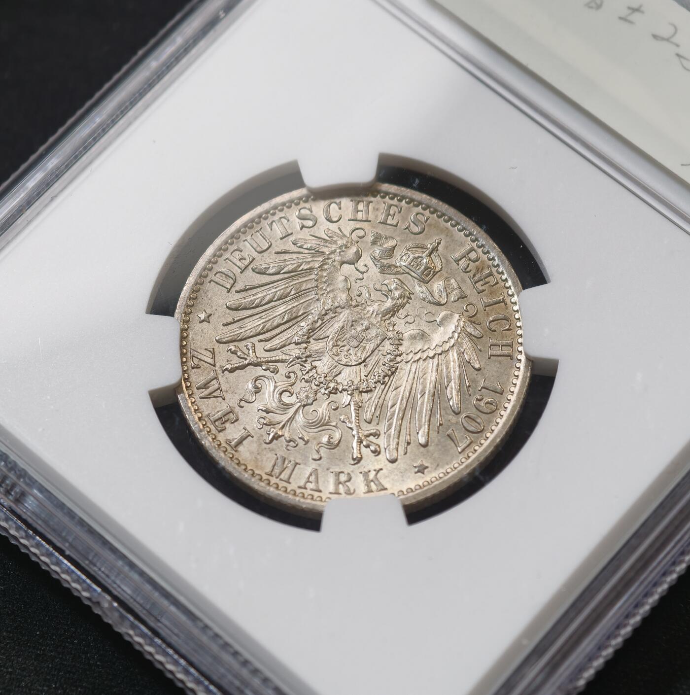 甄臻铺-世界币章拍卖（第58期），送拍享返佣金等优惠多多 NGC-MS62 1907年德国普鲁士2马克银币（流通版），少见好品