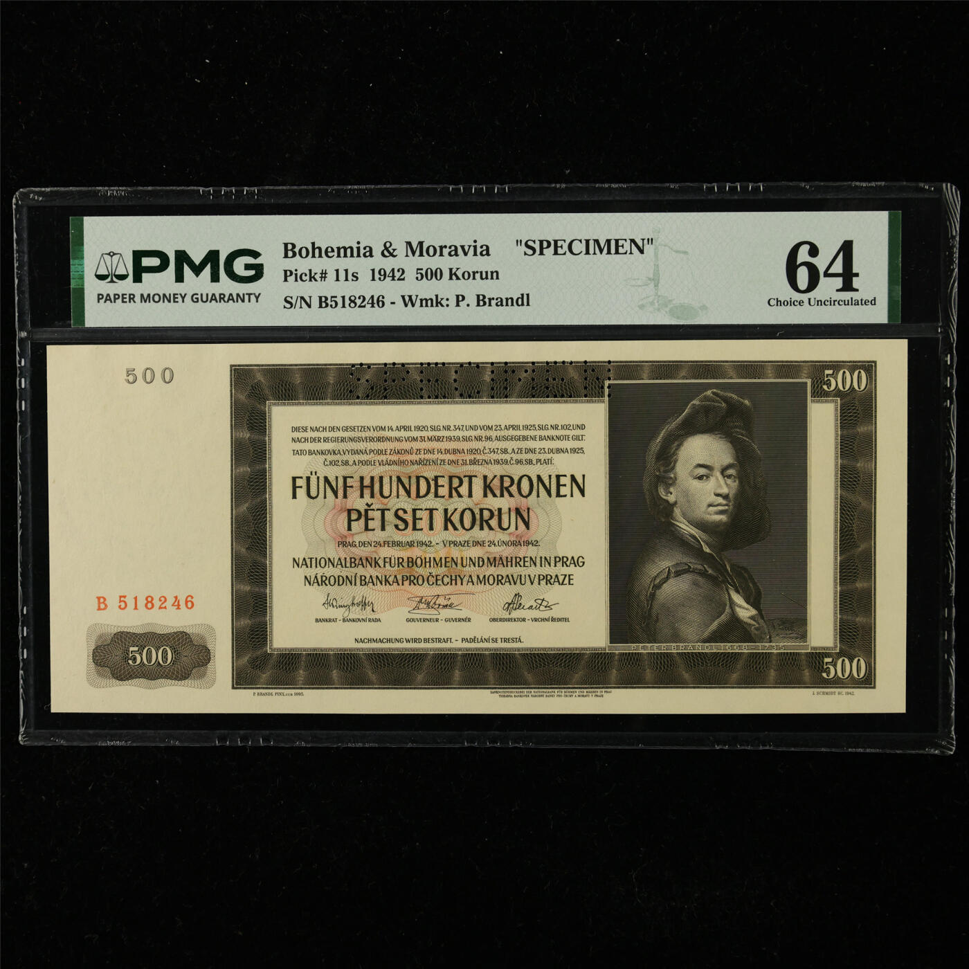【亘邦集藏】第225期拍卖 1942年 波希米亚和摩拉维亚样钞500克朗 PMG 64 B518246