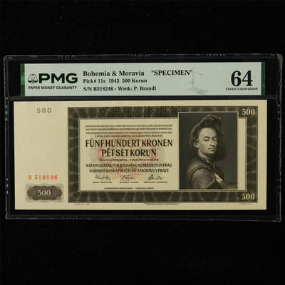【亘邦集藏】第225期拍卖 - 1942年 波希米亚和摩拉维亚样钞500克朗 PMG 64 B518246