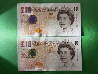 咖啡豆•收藏 2026年Apr_7th世界各国纸币拍卖 - 2枚 英国 2000年 10英镑 全新UNC连号 外国 欧洲纸币 97-98 女王钞