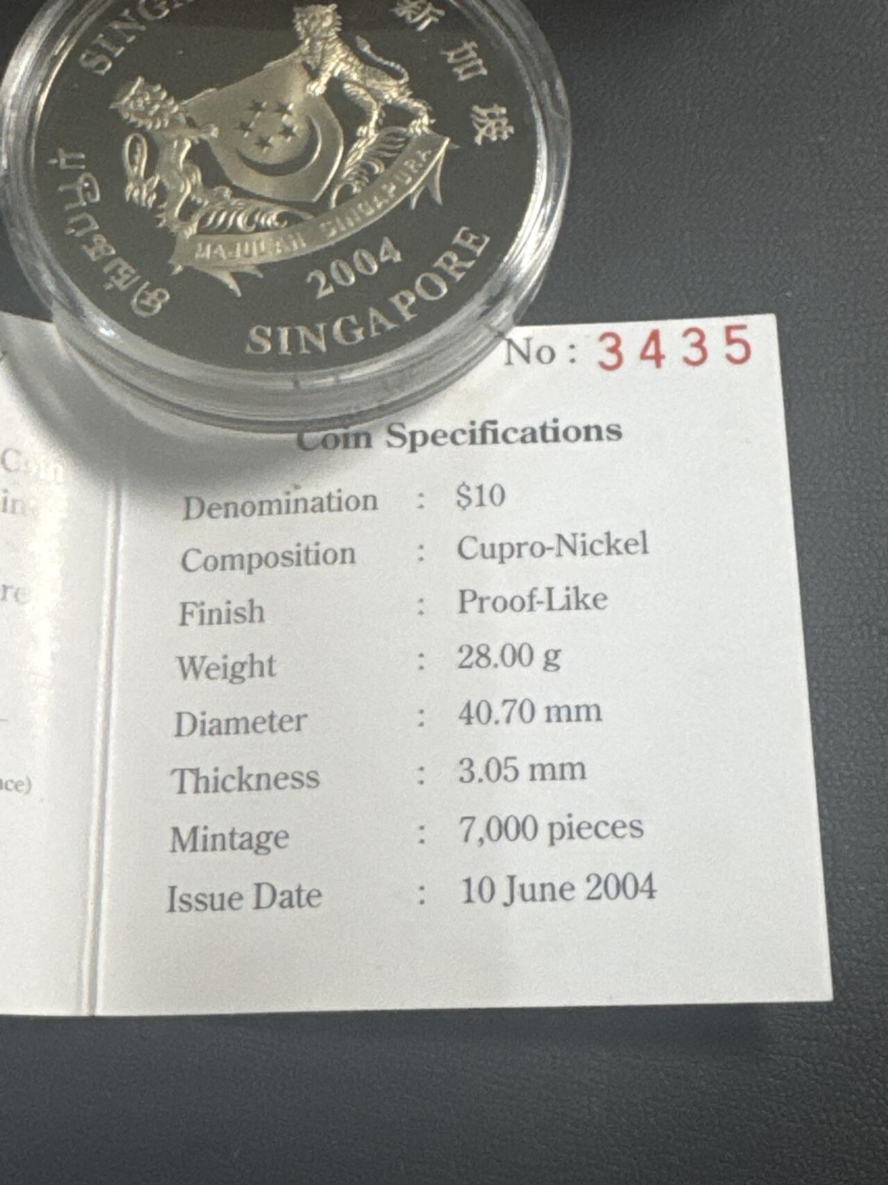 ❤️【币观天下】❤️ 第347期钱币拍卖场- 2026.4.3周五晚上6点半场 长期征集拍品  新加坡2004年苏州工业园区成立十周年类精致币 官方原包装 发行量7000枚 品相如图