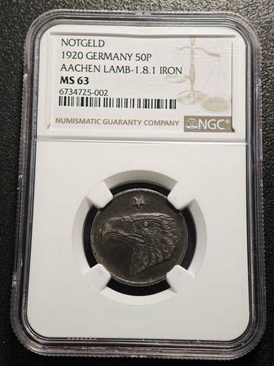 【德藏】世界币章拍卖第170期（拍品征集中~欢迎藏友联系） 1920年 德国德紧时期亚琛大嘴鹰50芬尼铁币 NGC MS63 保存不易 好品难得 经典品种