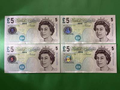咖啡豆•收藏 2026年Apr_7th世界各国纸币拍卖 - 4枚 英国 2002年 5英镑 全新UNC 外国 欧洲纸币 82-88 女王钞