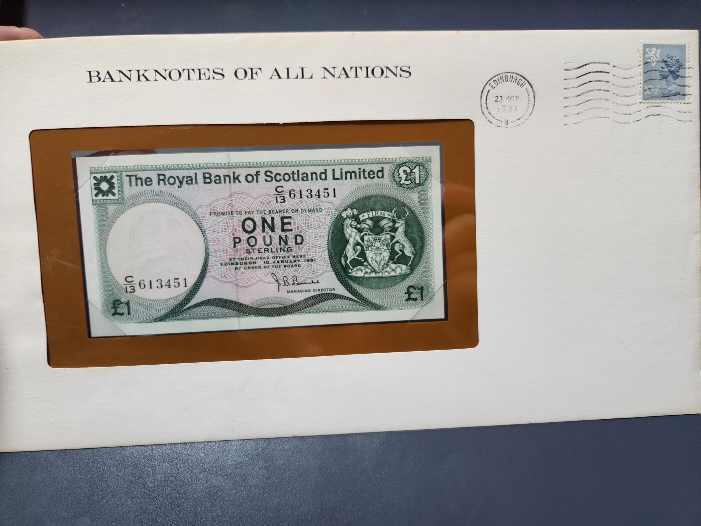 4月1号晚上8点 中外纸币自动截拍第50场 苏格兰 纸币 1981版 1镑 （皇家银行）邮币封 新品