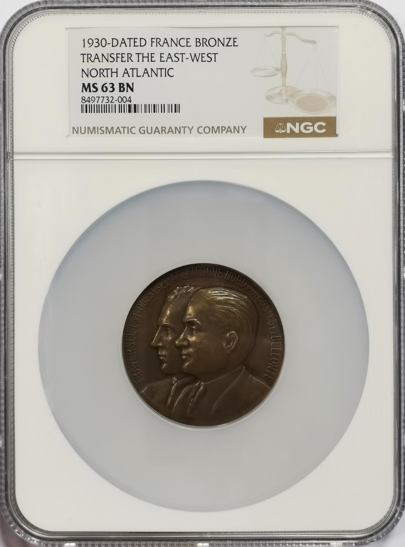 博洋堂世界钱币拍卖第167期（全场包邮） NGC MS63 法国1930年飞行器跨域北大西洋纪念铜章