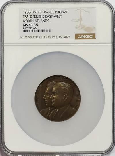 博洋堂世界钱币拍卖第167期（全场包邮） - NGC MS63 法国1930年飞行器跨域北大西洋纪念铜章