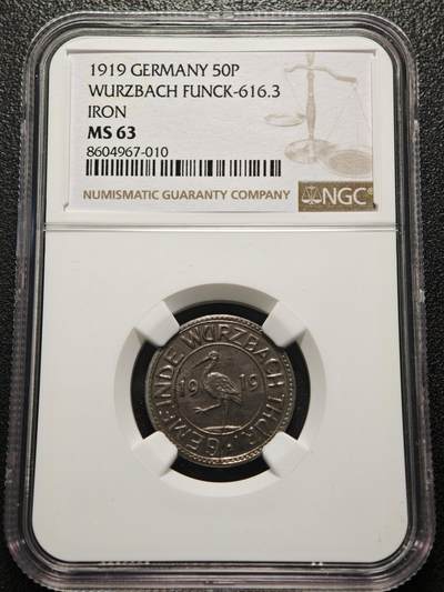 【德藏】世界币章拍卖第170期（拍品征集中~欢迎藏友联系） 1919年 德国紧急时期维尔茨巴赫50芬尼铁币 NGC MS63 保存不易 好品难得