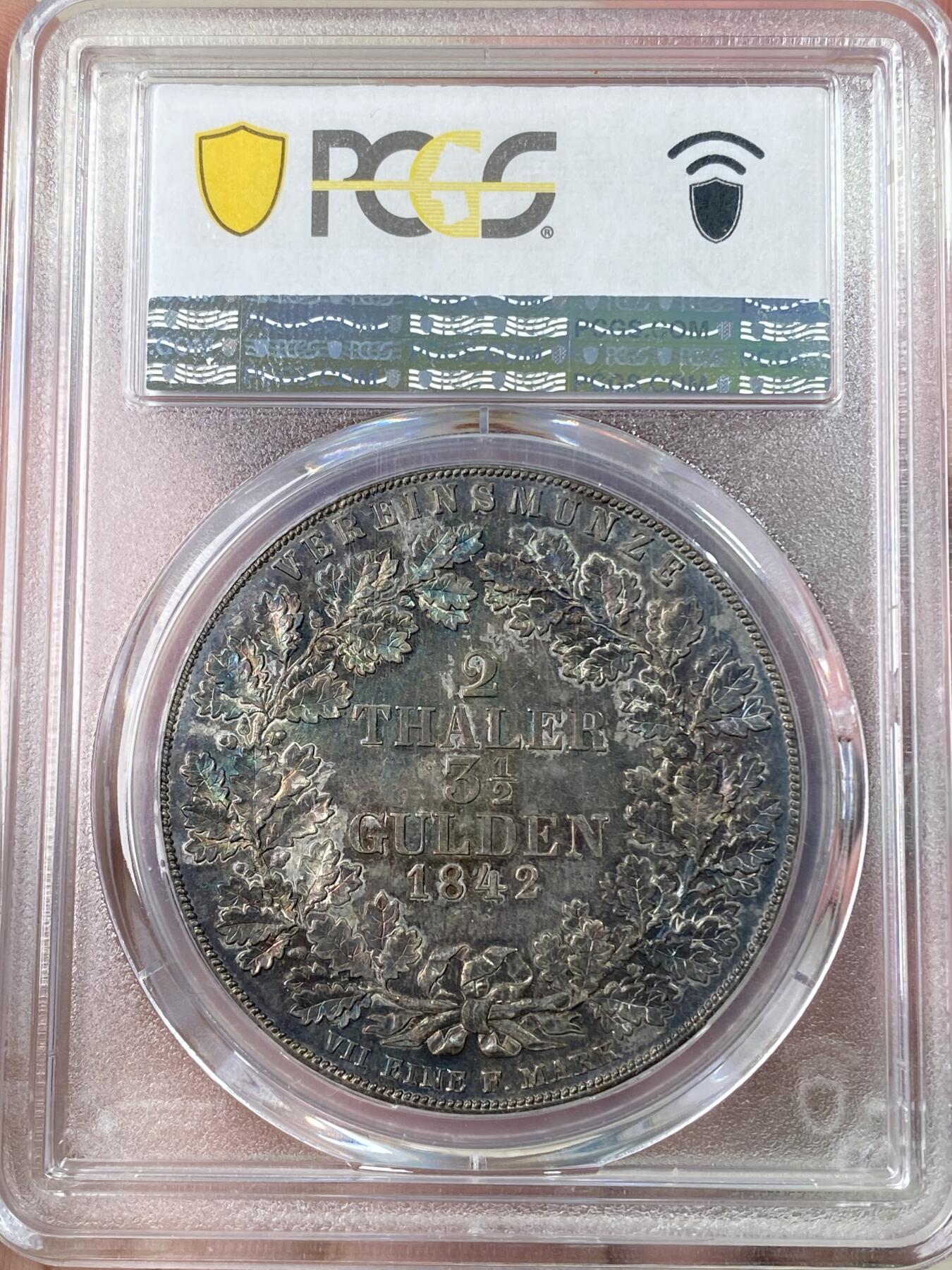 万国钱币拍卖第064期 PCGS MS62 1842年德国瓦尔德克-皮埃蒙特大窗帘流通2泰勒 高难德系小邦品种 仅两年各发行4500枚 2泰勒中罕见的无君主肖像设计 双面熟美黑五彩包浆裹身 难得一见的顶级小邦2泰勒藏品