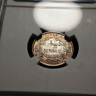【德藏】世界币章拍卖第170期（拍品征集中~欢迎藏友联系） 1914年 德国1/2马克银币 NGC MS65 深彩包浆 状态极佳