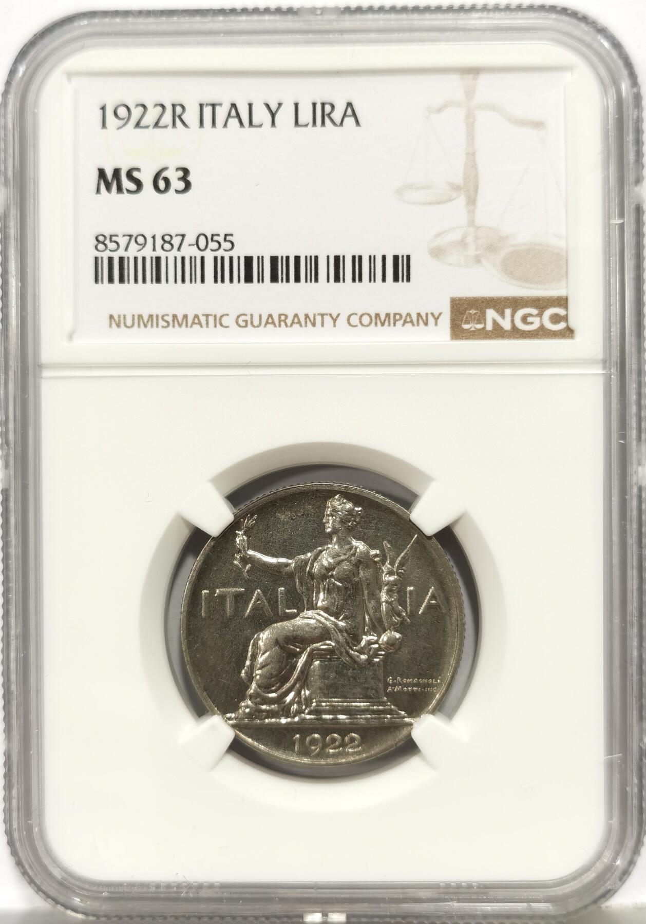 博洋堂世界钱币拍卖第167期（全场包邮） NGC MS63 意大利1922年亚平宁女神一里拉镍币，非常古典好看的设计，镜面感强，意大利这一时期镍币好看的都不好找