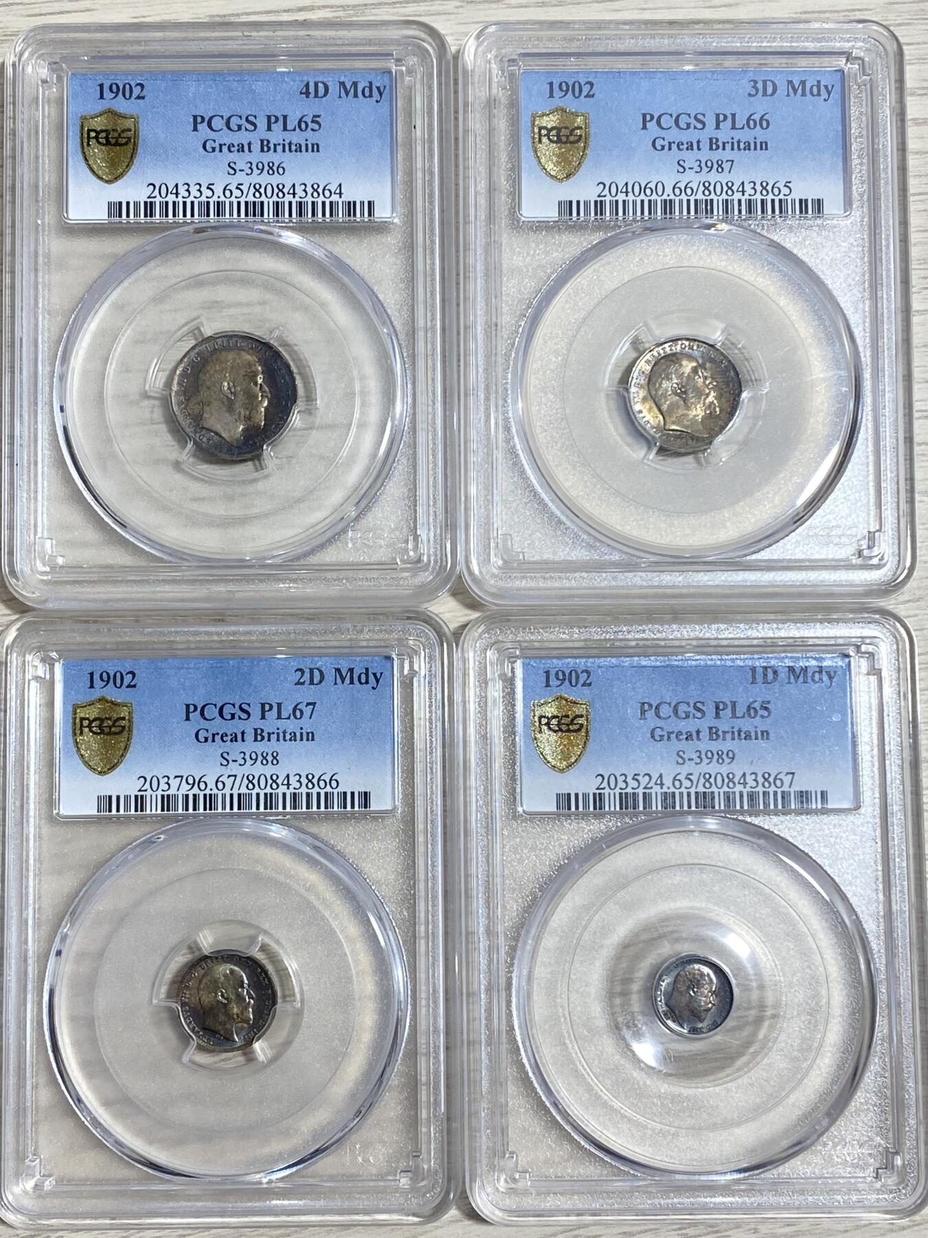 万国钱币拍卖第064期 PCGS PL65~67 1902年英国爱德华七世类精制濯足币一套四枚 绝美五彩包浆GEM顶级品质