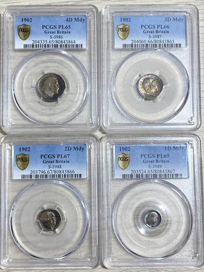 万国钱币拍卖第064期 - PCGS PL65~67 1902年英国爱德华七世类精制濯足币一套四枚 绝美五彩包浆GEM顶级品质