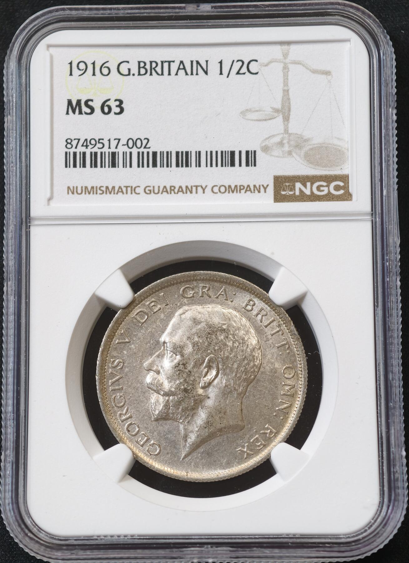 甄臻铺-世界币章拍卖（第58期），送拍享返佣金等优惠多多 NGC-MS63 1916年英国乔治五世半克朗，此品种多弱打，这枚发丝分明