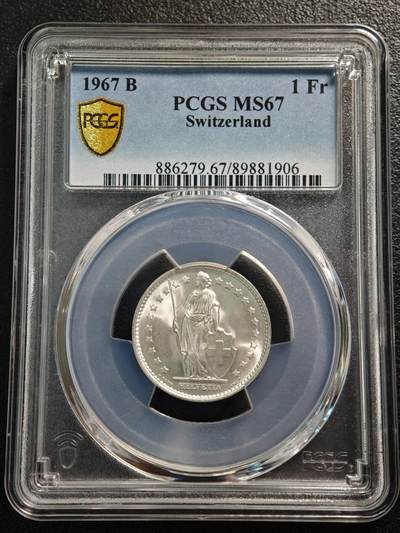 【德藏】世界币章拍卖第170期（拍品征集中~欢迎藏友联系） 1967年 瑞士1法郎银币 该面值最后一年银币 原光极强 转光十足 PCGS MS67