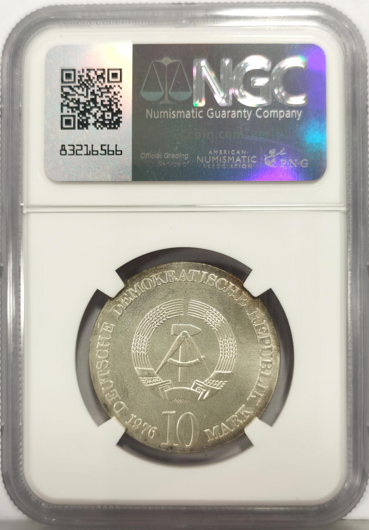 博洋堂世界钱币拍卖第167期（全场包邮） NGC MS66 东德1976年纪念作曲家卡尔·马利亚·冯·韦伯逝世150周年10马克银币，原汁原味，币面清爽干净又舒适，类PL镜面底板，状态极佳。东德纪念银币发行量少，潜力股。