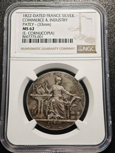 【德藏】世界币章拍卖第170期（拍品征集中~欢迎藏友联系） 1822年 法国商业和工业部专家会议纪念银章代用币 磨砂质感 原味包浆 NGC MS62