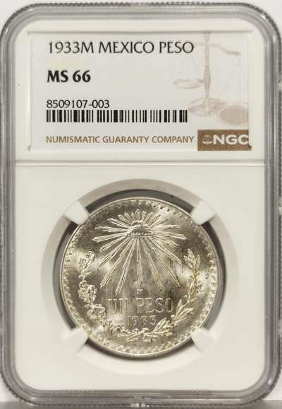 博洋堂世界钱币拍卖第167期（全场包邮） - NGC MS66 墨西哥1933年1比索银币，早期年份，极品车轮光
