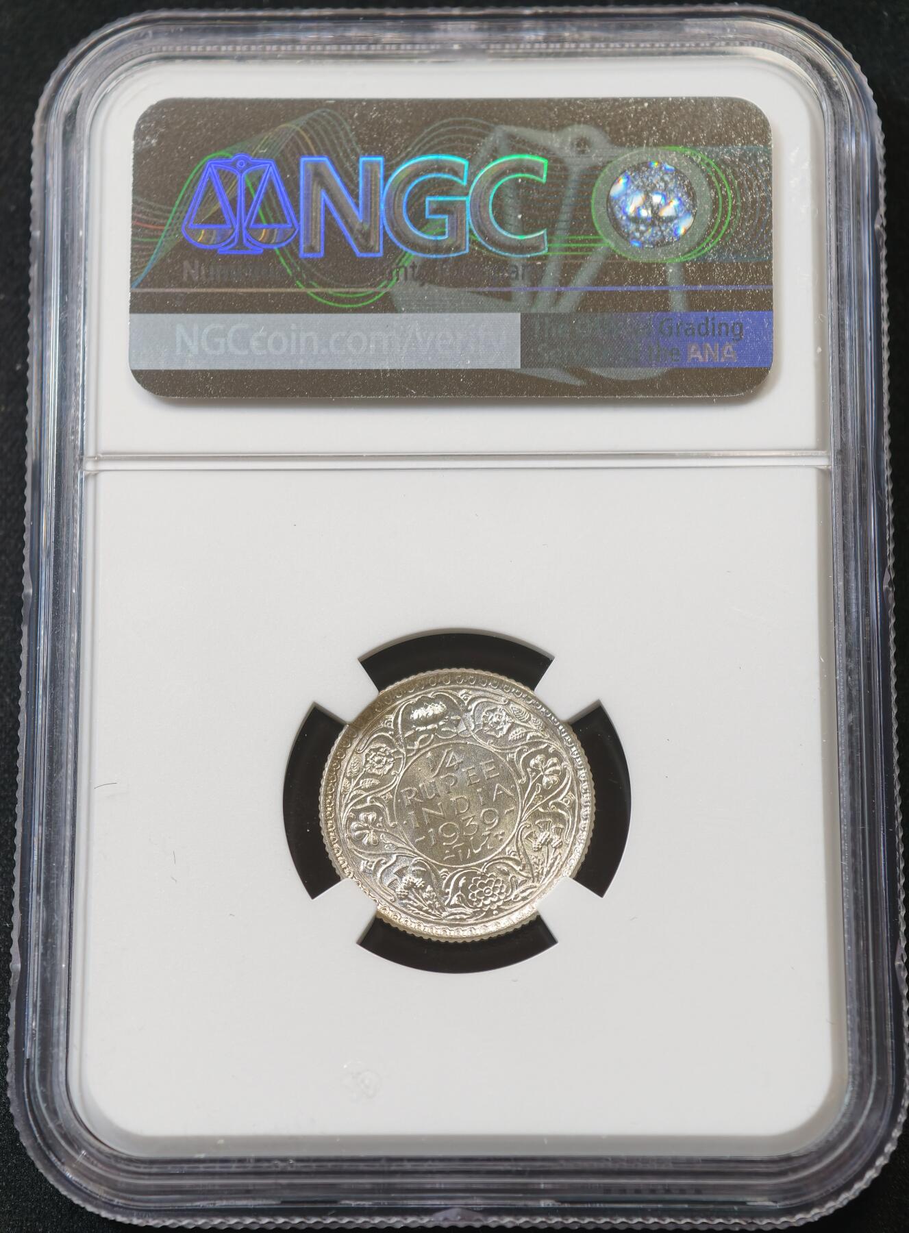 甄臻铺-世界币章拍卖（第58期），送拍享返佣金等优惠多多 NGC-MS63 1939年英属印度乔治六世1/4卢比