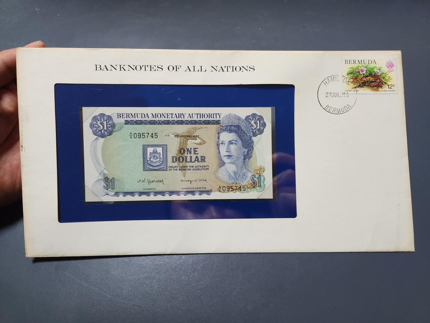 4月1号晚上8点 中外纸币自动截拍第50场 富兰克林邮币封 英属 百慕大1982年1元 新品 女王纸钞美洲钱币
