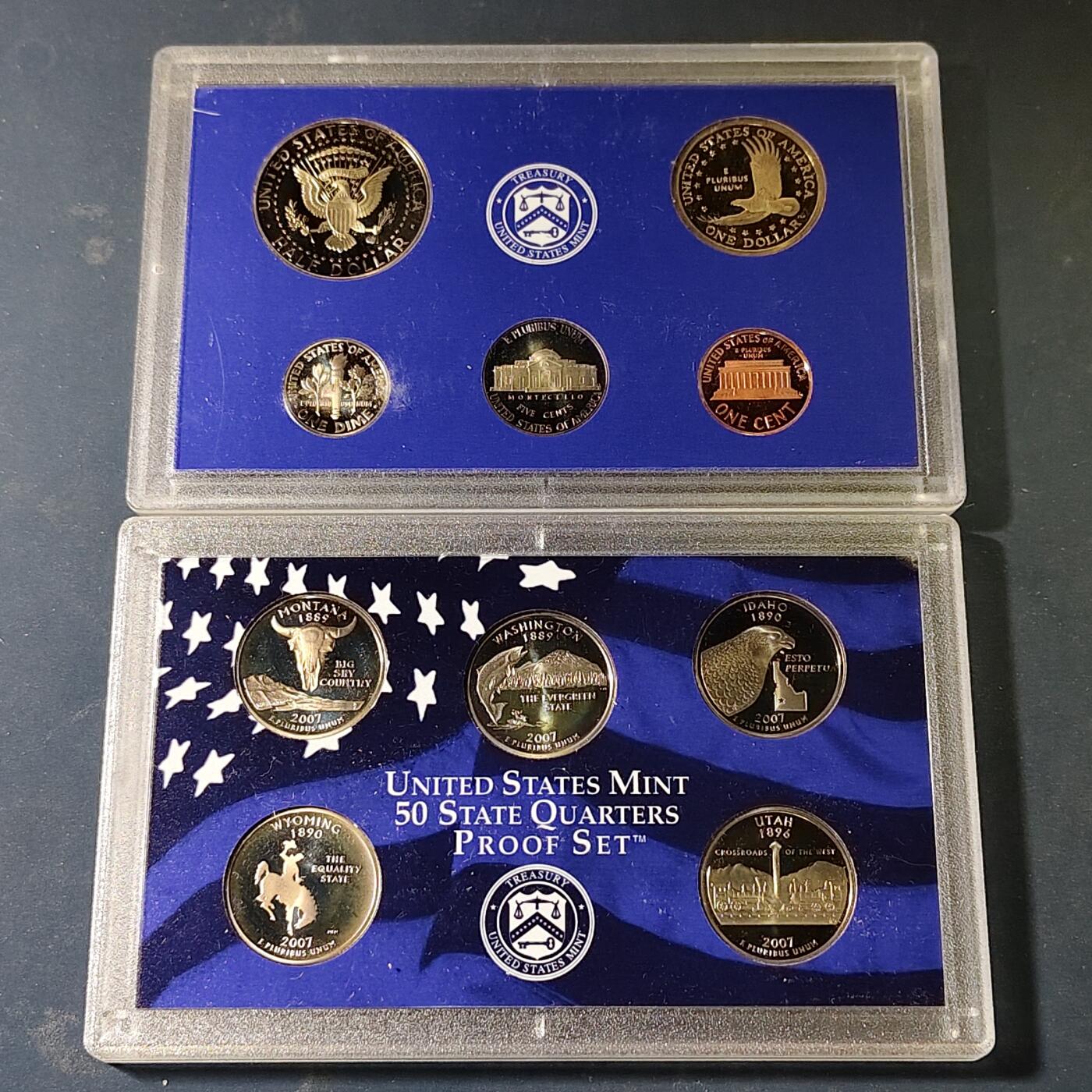 【全场包邮】纯粹捡漏拍517场 美国2007年官方封装精制套币（流通币一盒+州币一盒）-盒证全