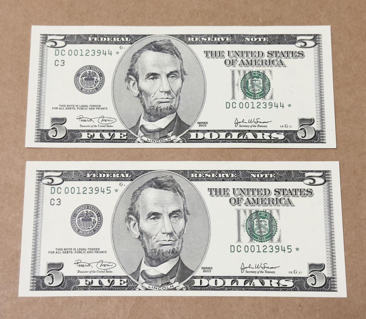 【礼羽收藏】🌏世界钱币拍卖第131期 03年黑白大头5美元补号连号全新UNC品相