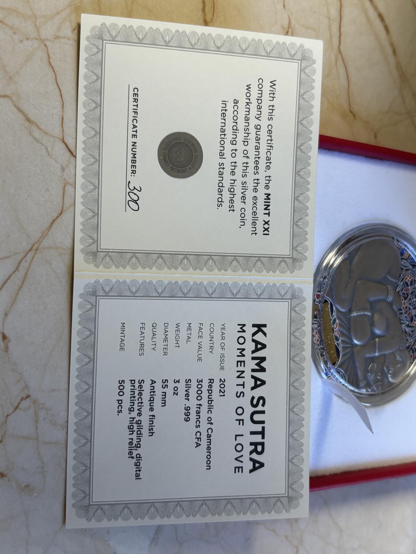 第196期拍卖 喀麦隆2021年爱情系列爱经3盎司高浮雕仿古彩银币，999银，发行500枚