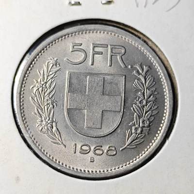 KK钱币收藏小铺  第417期 2月预留时间 周末发货 1968瑞士5法郎