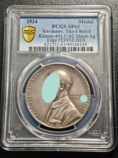 【德藏】世界币章拍卖第170期（拍品征集中~欢迎藏友联系）  稀少品种！1934年 德国民族社会主义工人党党首取消邦国制统一德国纪念银章 章牌大师卡尔·歌茨作品 PCGS SP63 淡黄油包浆 状态极佳 磨砂质感 亚军分（原图请查询PCGS评级官网）