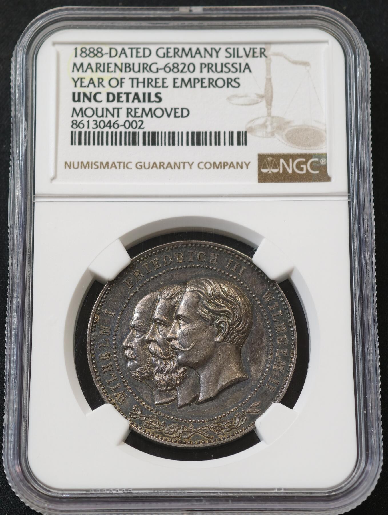 甄臻铺-世界币章拍卖（第58期），送拍享返佣金等优惠多多 NGC-UNCD 德国1888年三皇之年普鲁士鹰纪念银章 2026年3月麦稀奇拍卖同UNC品相最高成交价1600元，德国钱币经典名誉品，纪念1888年“三皇之年”特殊历史节点，全深打高浮雕帝国鹰，原味黑彩老包浆，德章大热门