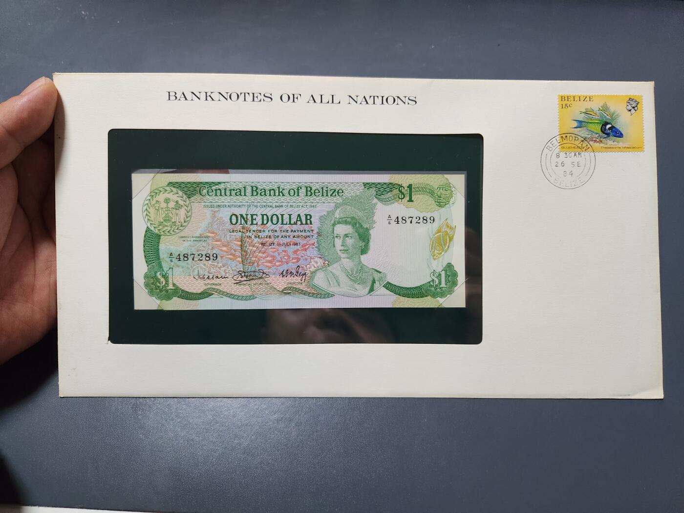 4月1号晚上8点 中外纸币自动截拍第50场 伯利兹1982年1元 A冠  富兰克林封 新品