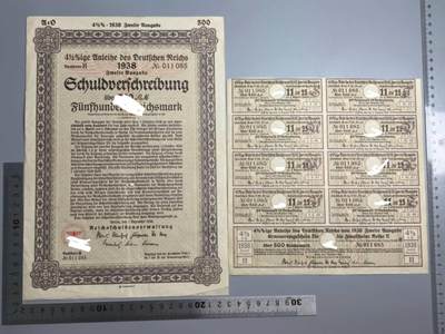 小驴勋章奖章收藏4月4日周六晚六点拍卖（珍爱和平，收藏战争，铭记历史，勿忘国耻，忠党爱国。有偿代拍，送拍规则在简介最后，参拍须阅读规则后再参拍，关系到运费包装发货时效真假辨别等关键信息，拍卖时不再发原图，看大图店主微信码在拍卖店铺介绍里） - 1938年500马克国债债券