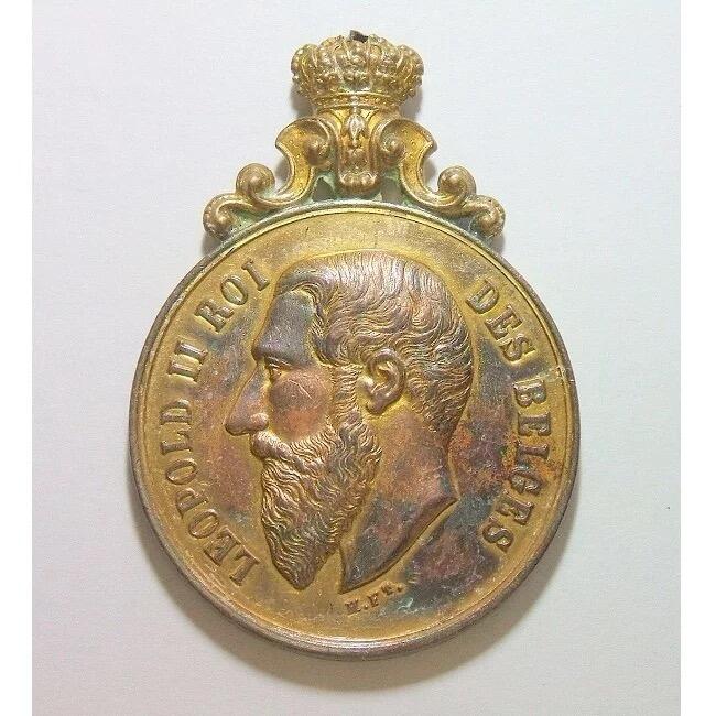 【旋风钱币】4月11日19:00准时开拍 精美欧洲币章、银币银章、第三帝国钱币等 全场包邮！ 比利时1893年 利奥波德二世高浮雕精制带皇冠大镀金章 50MM