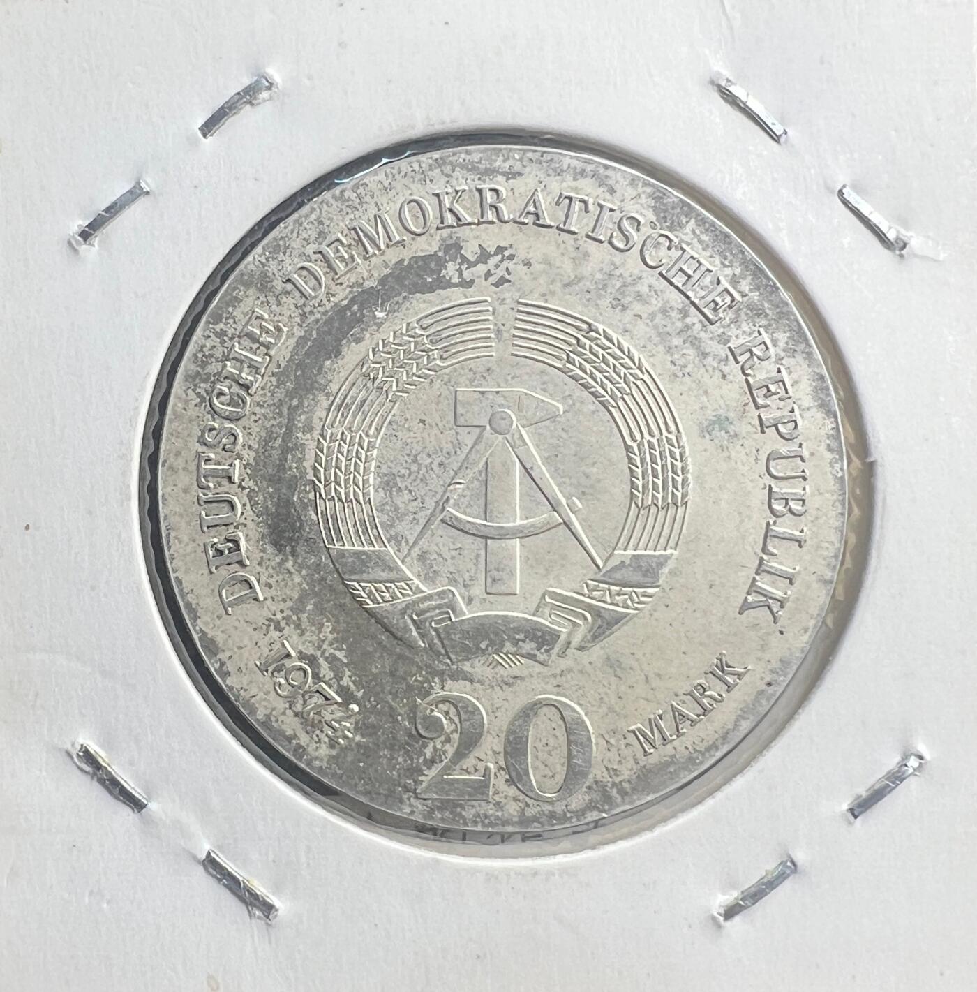 1974 年东德 20 马克银币 哲学家康德 德意志民主共和国 90% 银