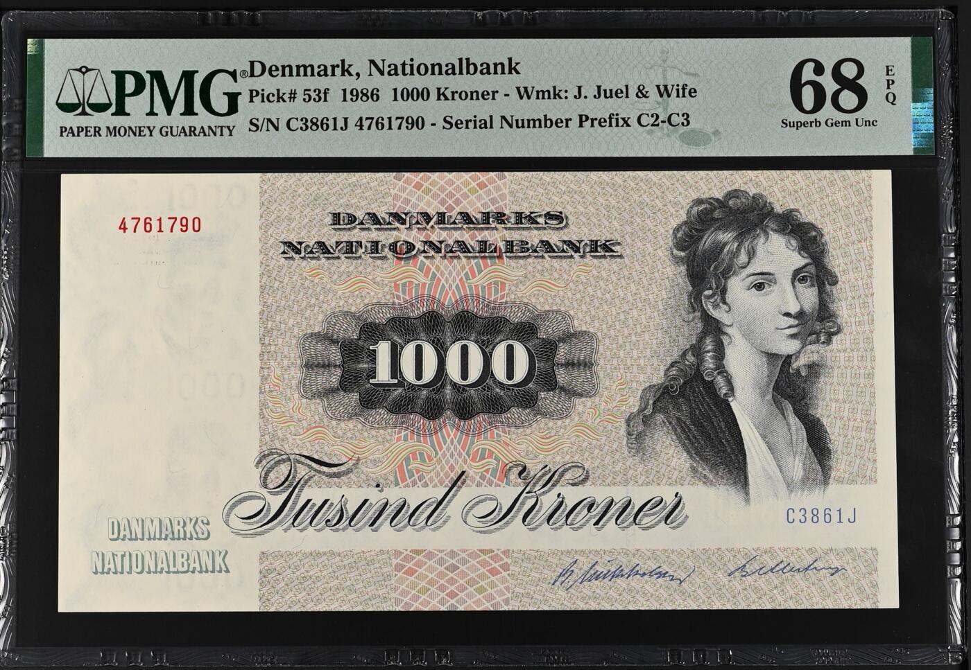 《愛美收藏》第239期-4.5周日外币黄金场  丹麦1986年1000克朗最高值PMG68E亚军分 冠军69分仅1张 名誉品大松鼠 顶级雕刻 栩栩如生 Pick#53f